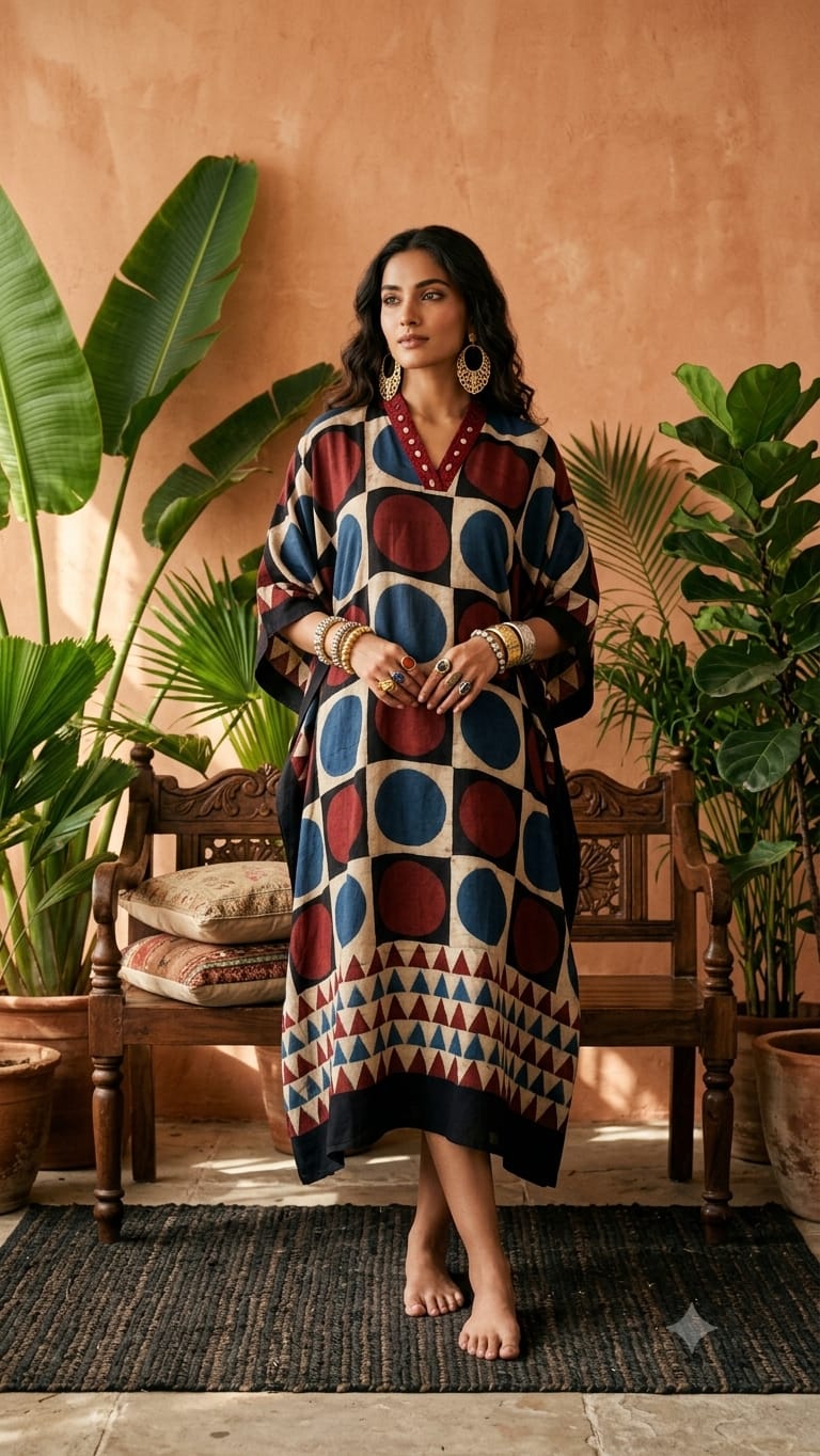 Pure Modal Silk Handblock Printed Kaftans Stitched suit With Hand Mirror Work