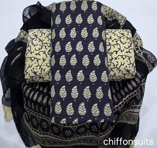 Pure cotton hand-block print suit with Chiffon dupatta
