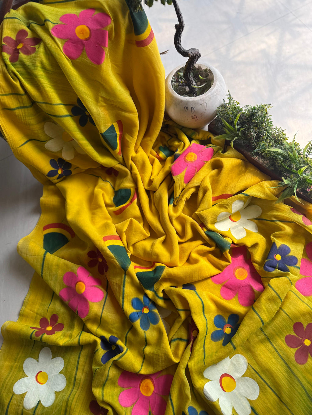 Beautiful Mulmul Cotton Flowers design Hand Painted Saree
