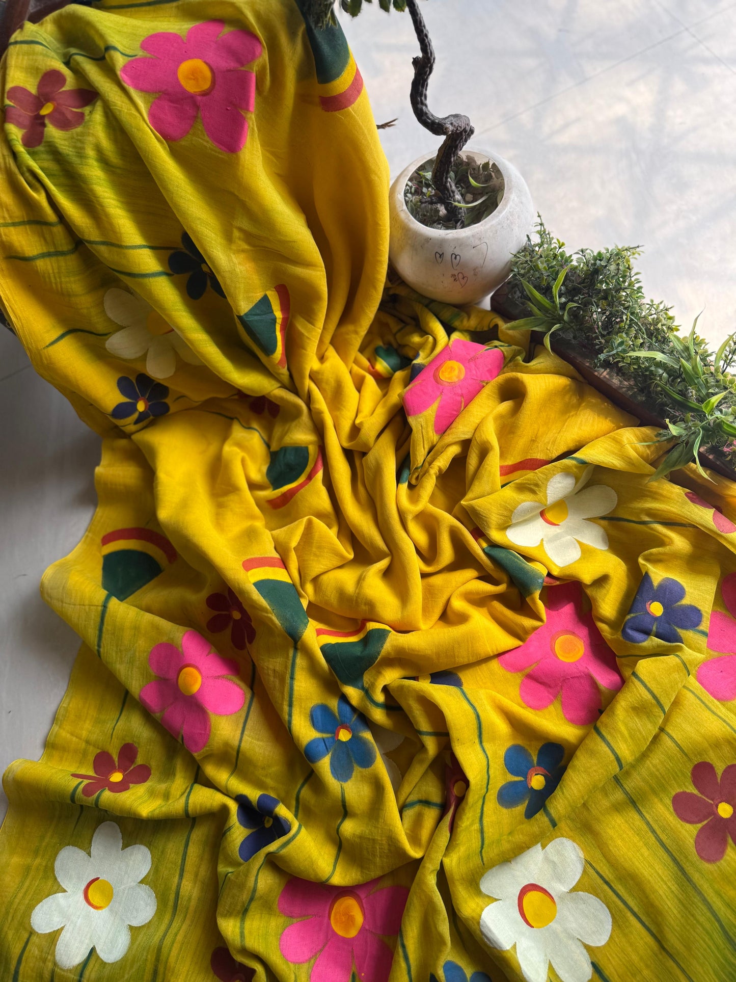 Beautiful Mulmul Cotton Flowers design Hand Painted Saree