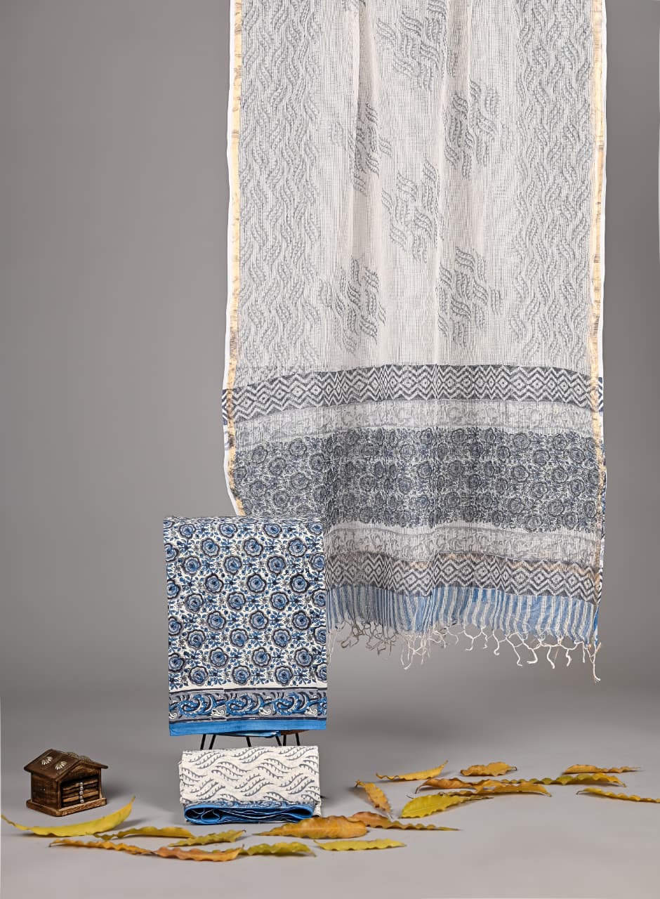 Pure Cotton Hand Block Print Suit With Kota Doriya Dupatta