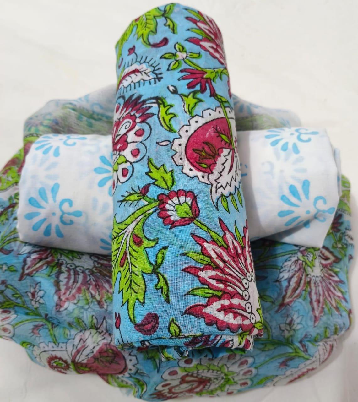 Pure cotton hand-block print suit with Chiffon dupatta