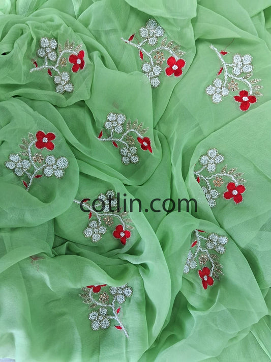 Designer Pure jaipuri Chiffon Saree with 15 Big Flower Motif