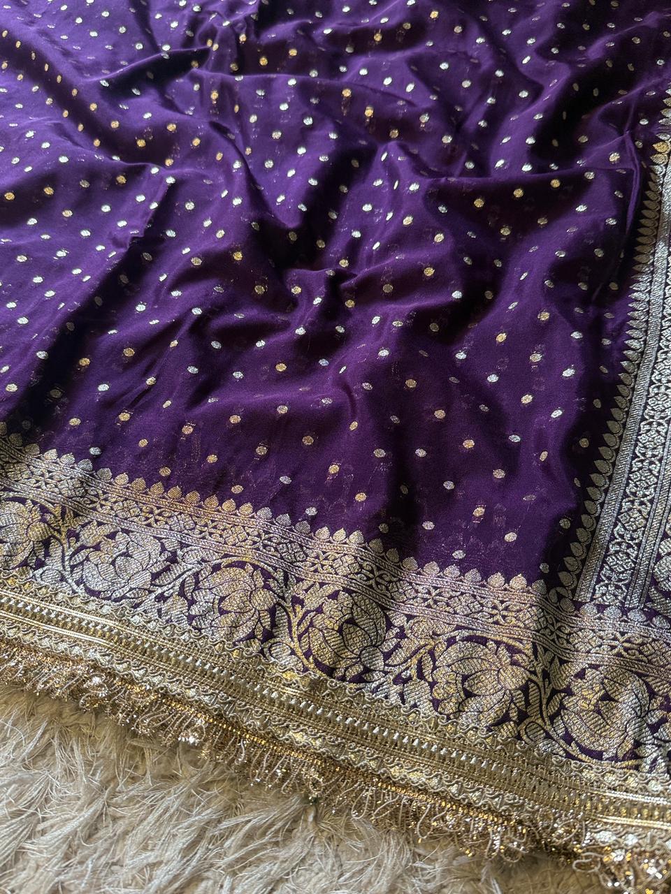 Handloom Banarasi Semi Khaddi Katan Soft Silk Saree With Lace Work Border