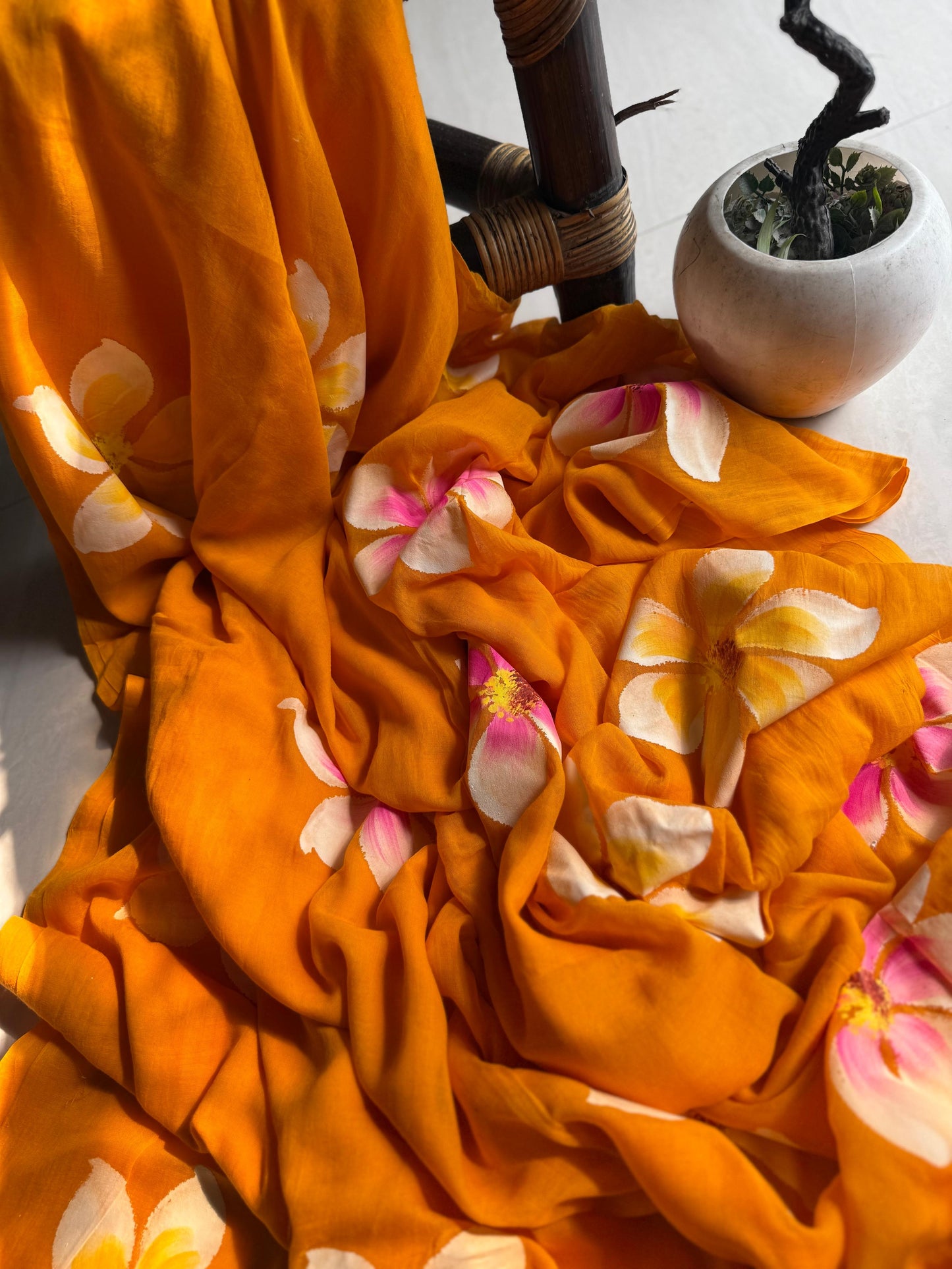 Beautiful Mulmul   Cotton Flowers design Hand Painted Saree