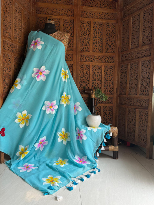 Beautiful Mulmul   Cotton Flowers design Hand Painted Saree