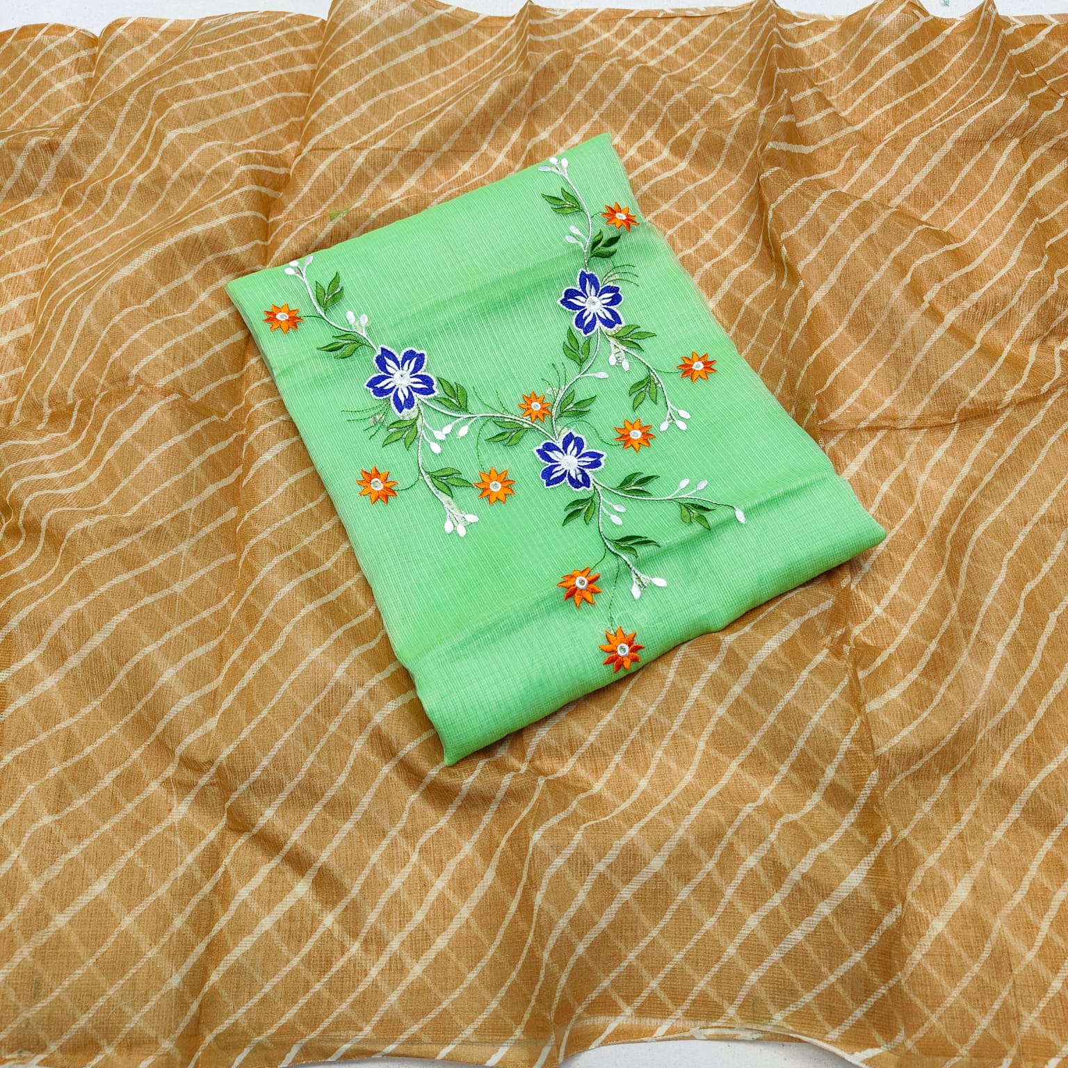 Pure Kota-Doria Unstitched Suit with Embroidery Work