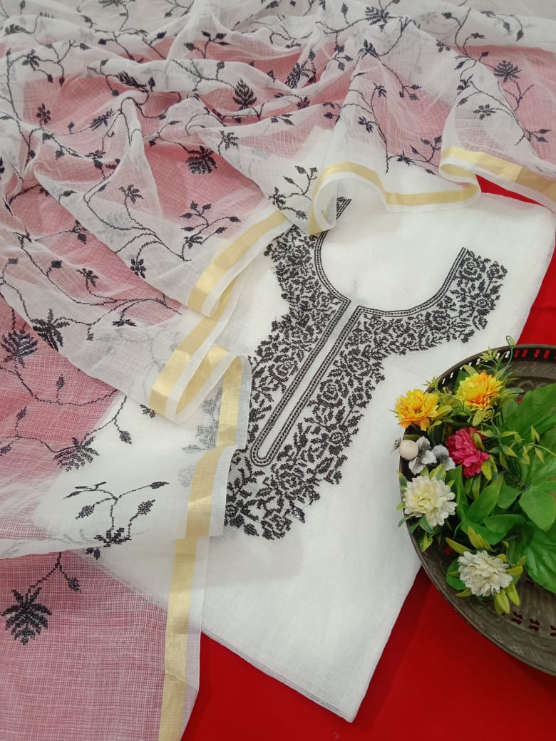 Pure Kota-Doria Unstitched Suit with Embroidery Work
