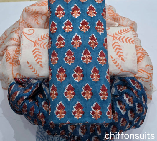 Pure cotton hand-block print suit with Chiffon dupatta