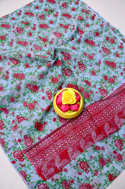 Pure Cotton Kota Doria Kalam Kari Floral Print Saree