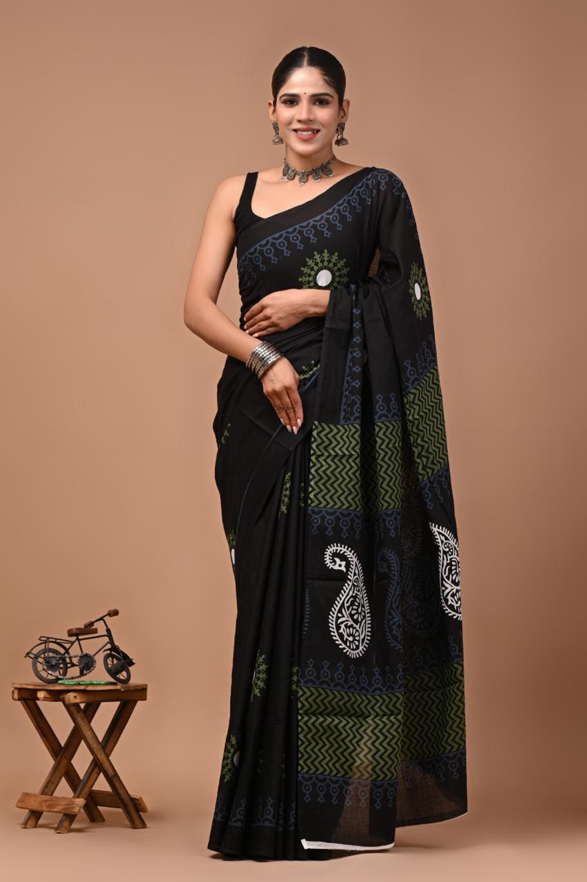 Pure Mulmul Cotton hand block Print Saree with Blouse
