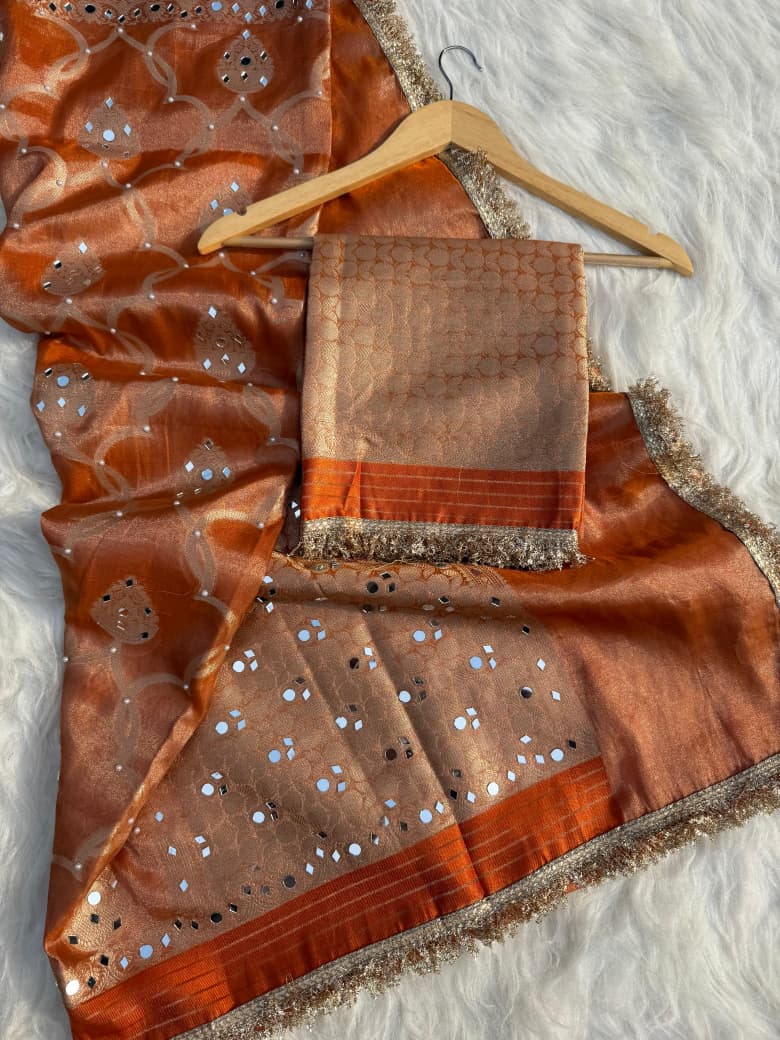 Elegant Tissue Mirror Work Saree with Designer Lace Border