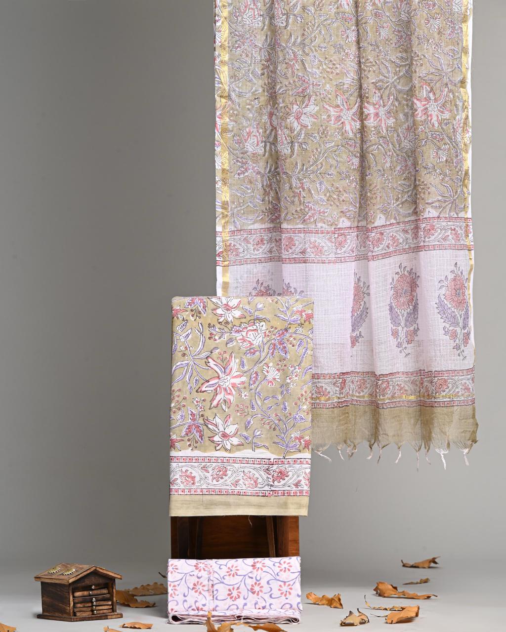 Pure Cotton Hand Block Print Suit With Kota Doriya Dupatta