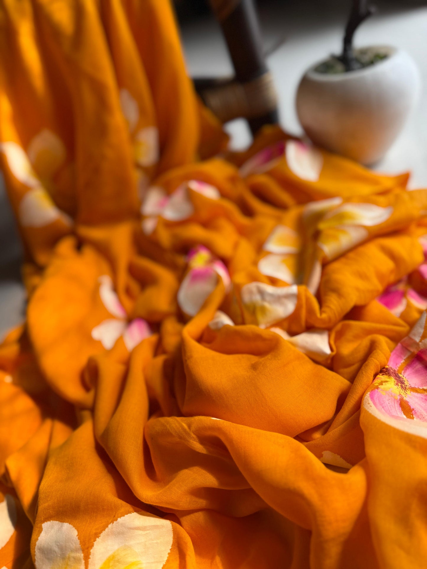 Beautiful Mulmul   Cotton Flowers design Hand Painted Saree