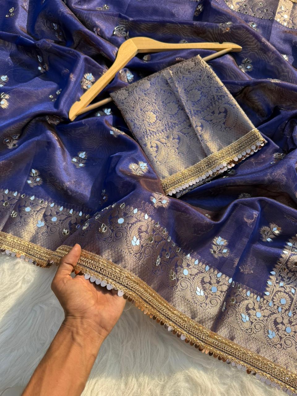 Elegant Tissue Mirror Work Saree with Designer Lace Border