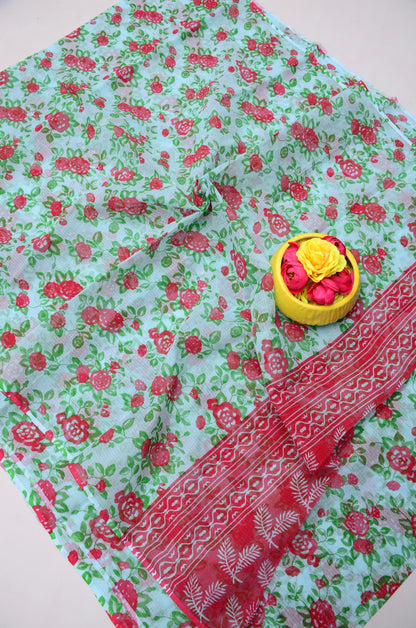 Pure Cotton Kota Doria Kalam Kari Floral Print Saree