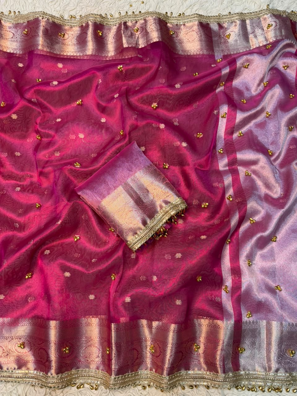 Premium Banarasi Tissue Zari Weaving Saree with Ghungroo Handwork Border