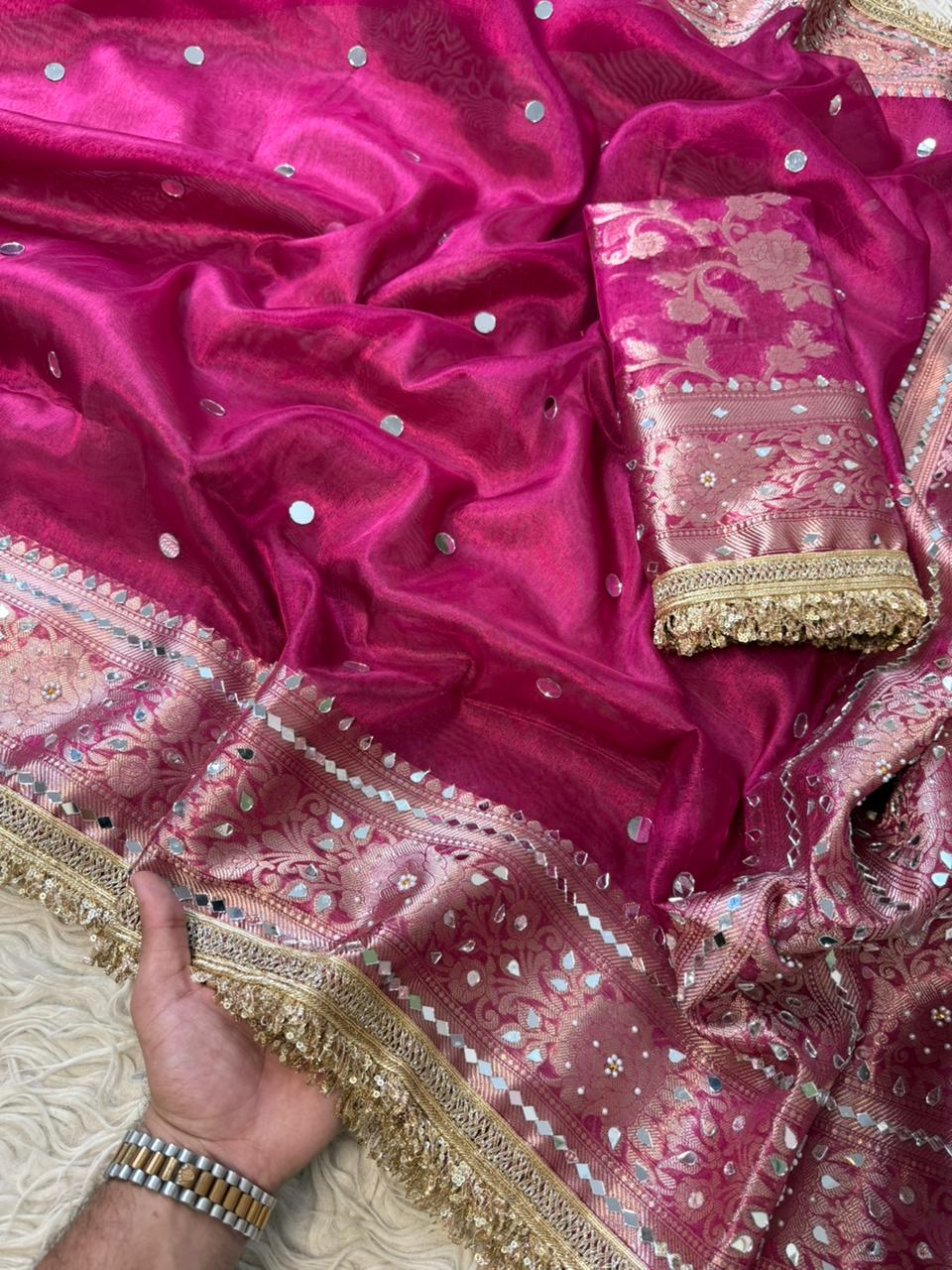Banarasi Tissue Silk Saree With beautiful  borders with mirror  work