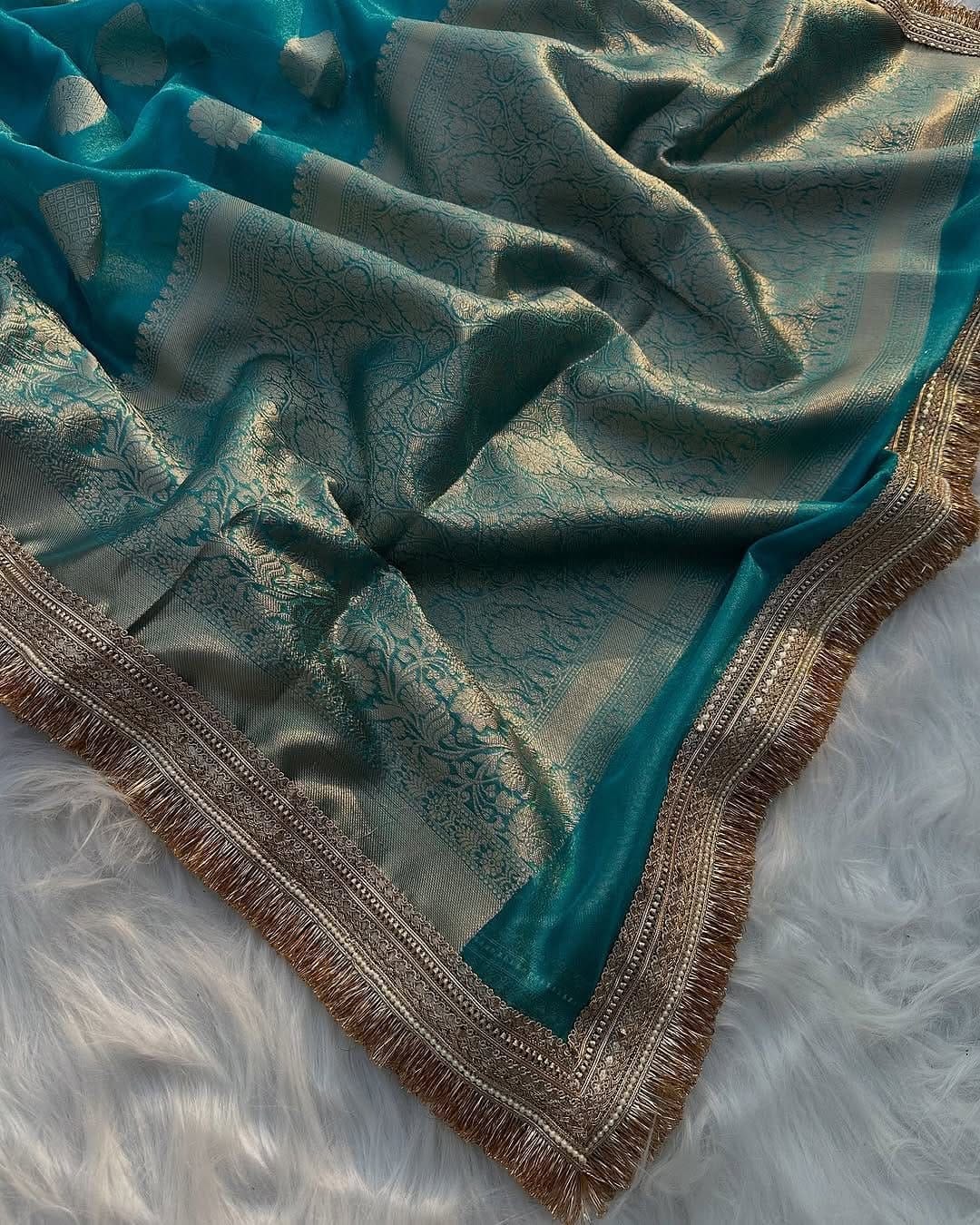 Banarasi Tissue Silk Saree with Lace Work border  Full body Zari Booti Weaving