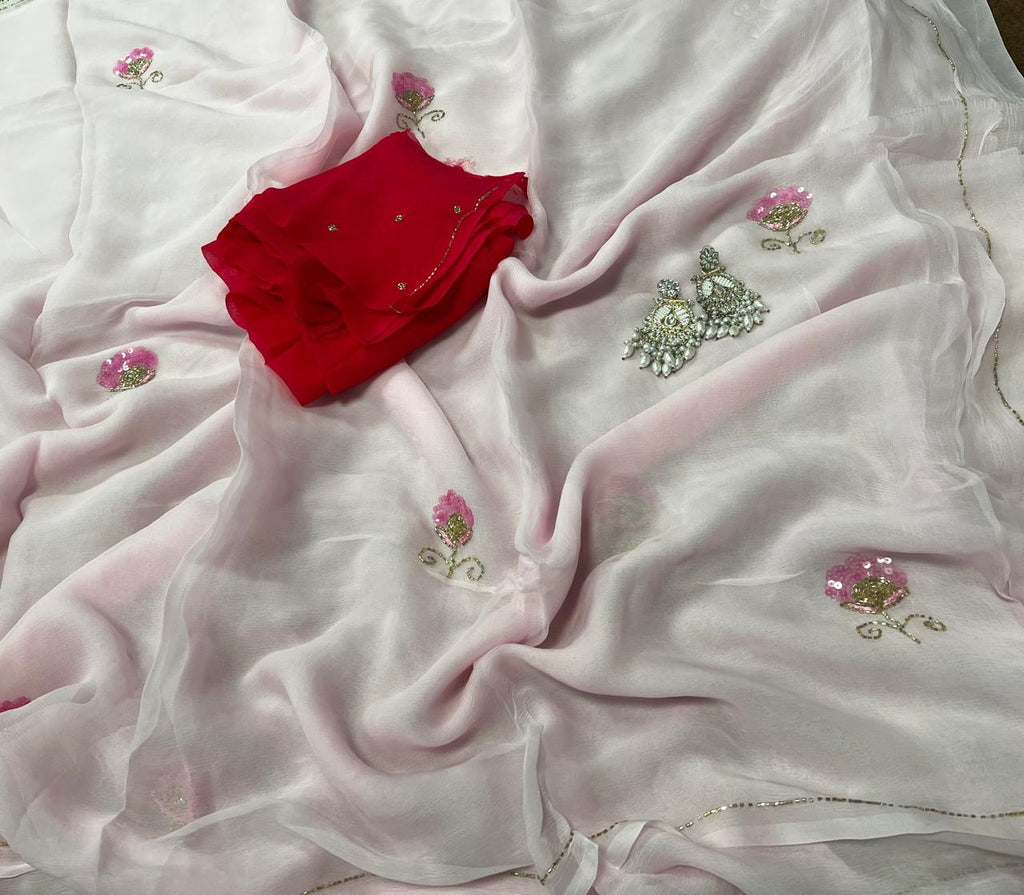 Baby pink Color Flower motif design pure jaipuri Chiffon Saree