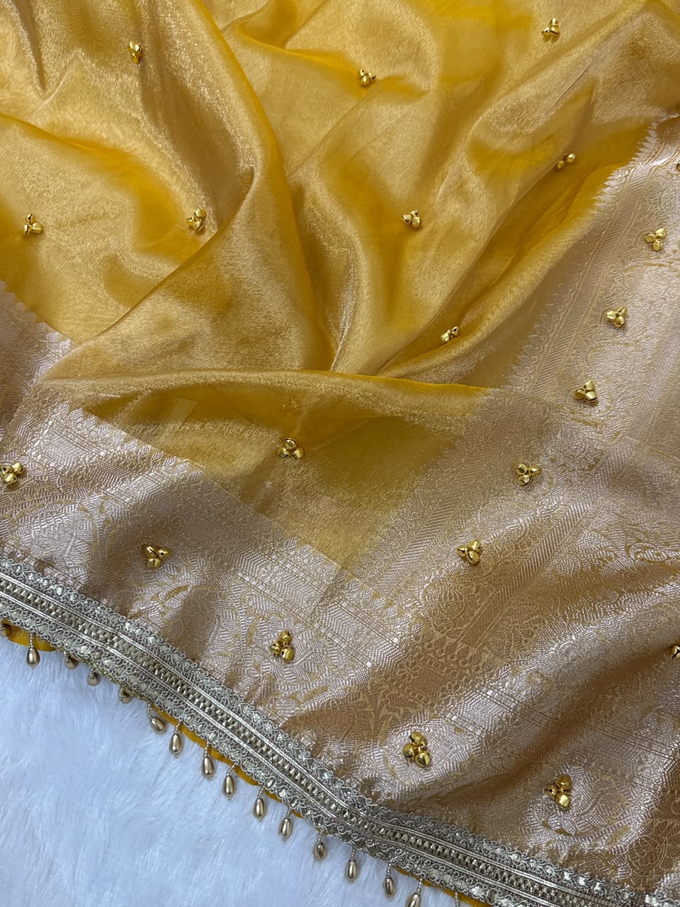 Premium Banarasi Tissue Zari Weaving Saree with Ghungroo Handwork Border