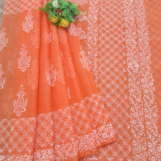 Orange Color Kota Cotton Block Print Work Saree