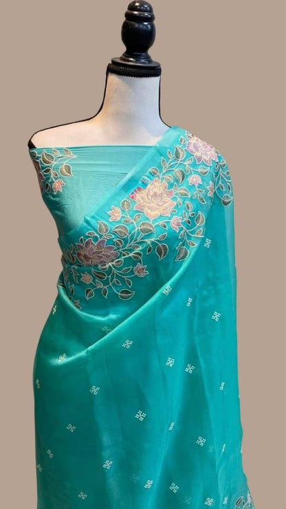 Banarasi Soft Kora Organza Embroidery  Work Saree