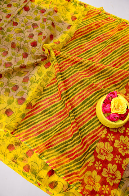 Pure Cotton Kota Doria Kalam Kari Floral Print Sarees