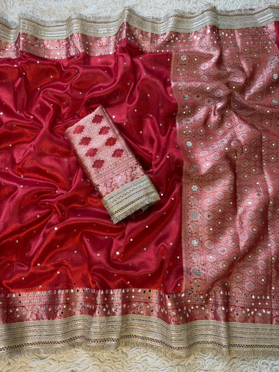 Banarasi Tissue Silk Saree With beautiful  borders with mirror  work