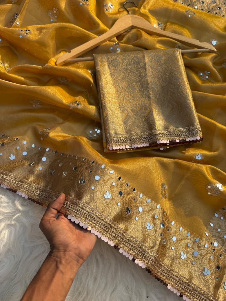 Elegant Tissue Mirror Work Saree with Designer Lace Border