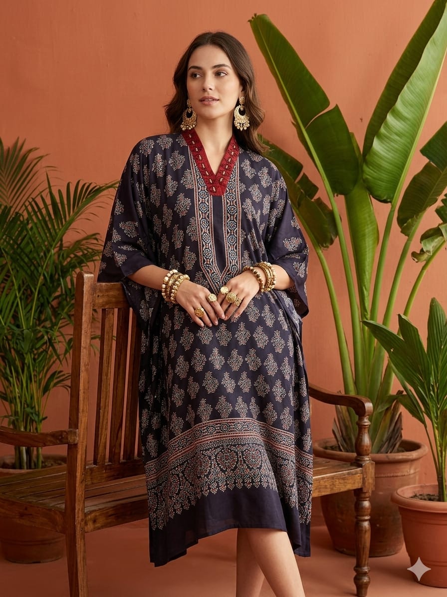 Pure Modal Silk Hand block Printed Kaftans Stitched suit With Hand Mirror Work