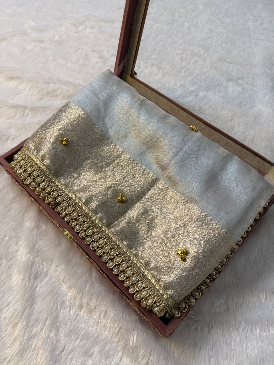 Premium Banarasi Tissue Zari Weaving Saree with Ghungroo Handwork Border