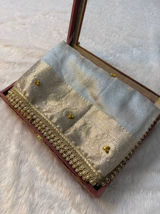 Premium Banarasi Tissue Zari Weaving Saree with Ghungroo Handwork Border