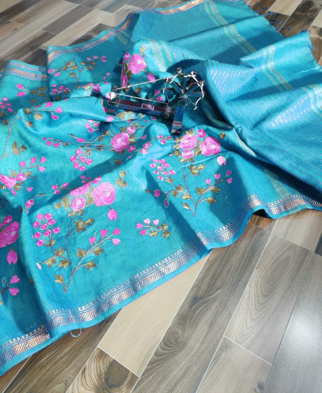 Pure Linen Silk Hand Embroidery Work Saree With Blouse