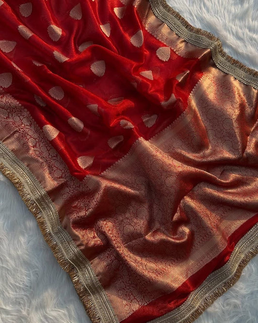 Banarasi Tissue Silk Saree with Lace Work border  Full body Zari Booti Weaving