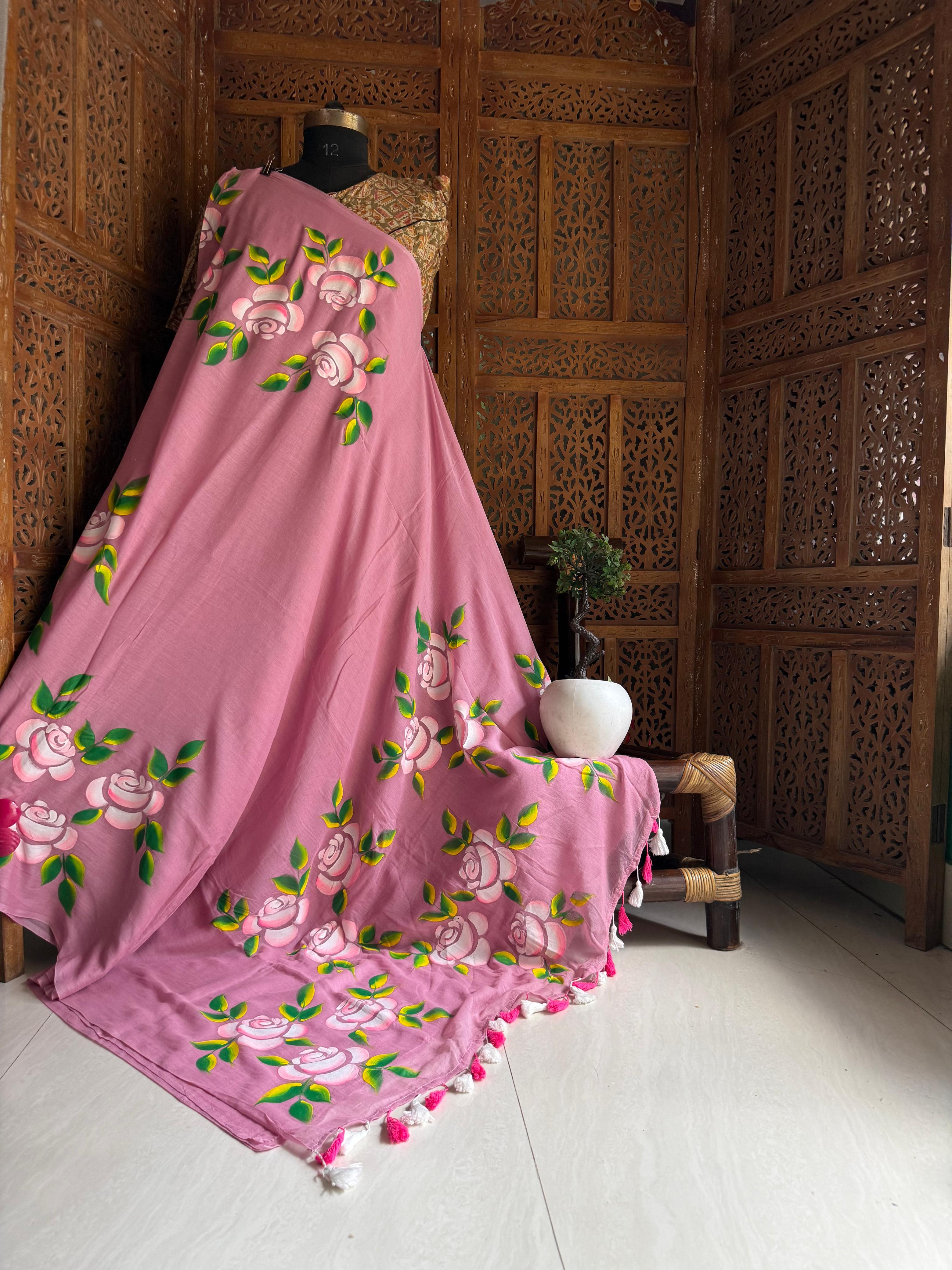 Beautiful Mulmul   Cotton Flowers design Hand Painted Saree