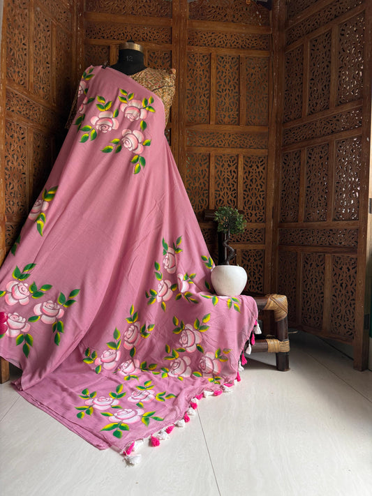 Beautiful Mulmul   Cotton Flowers design Hand Painted Saree