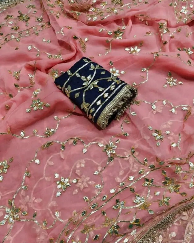 Pure Diamond Chiffon Gota Patti  Work Saree With Blouse