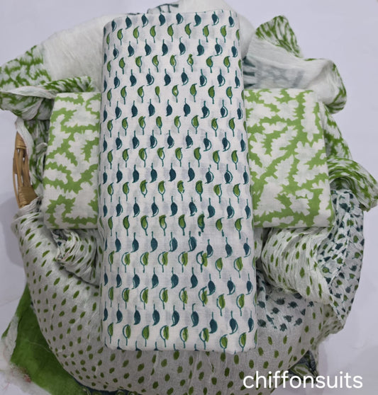 Pure cotton hand-block print suit with Chiffon dupatta