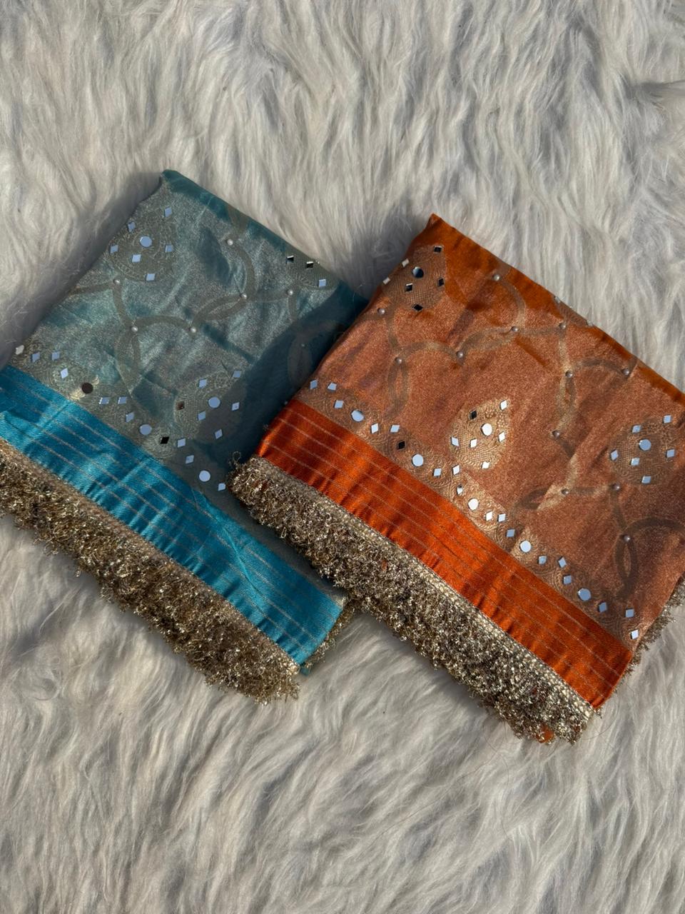 Elegant Tissue Mirror Work Saree with Designer Lace Border
