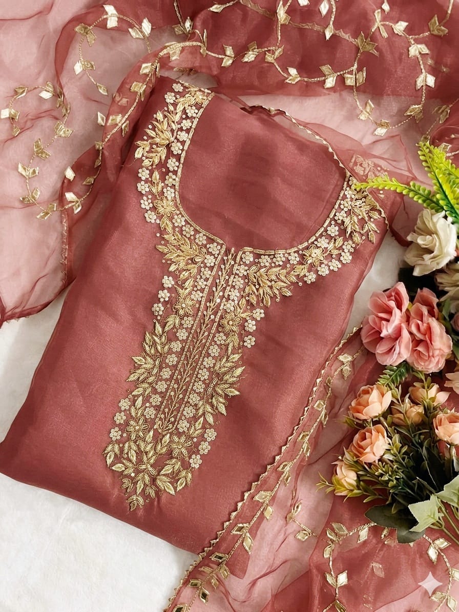 Organza Hand Work Unstitched Suit