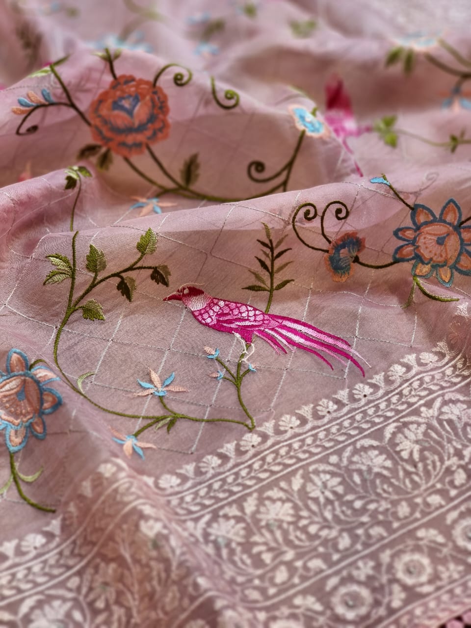Pure Organza Silk  Parsi Embroidery Work Saree With Heavy Blouse