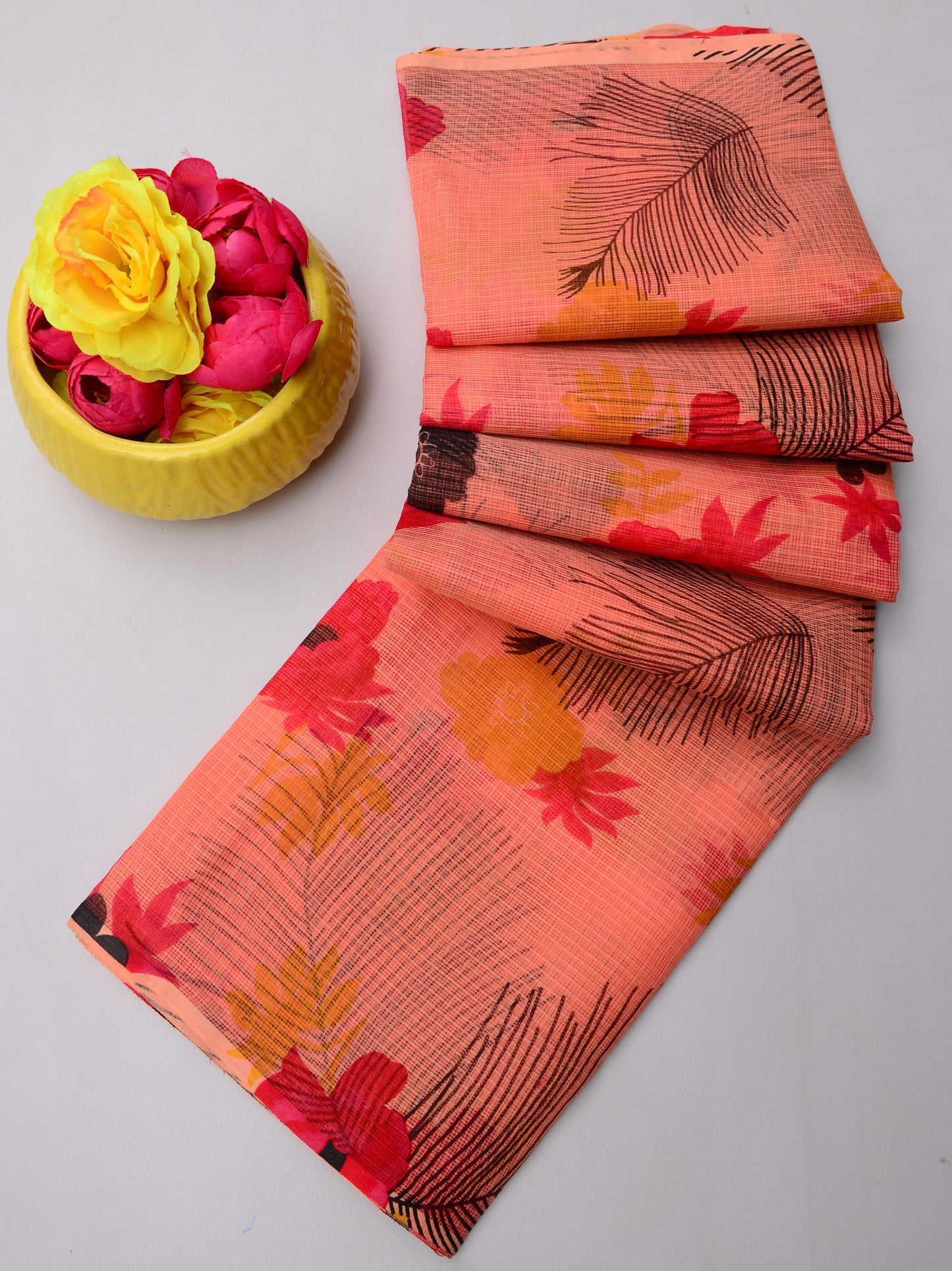 Pure Cotton Kota Doria Kalam Kari Floral Print Sarees