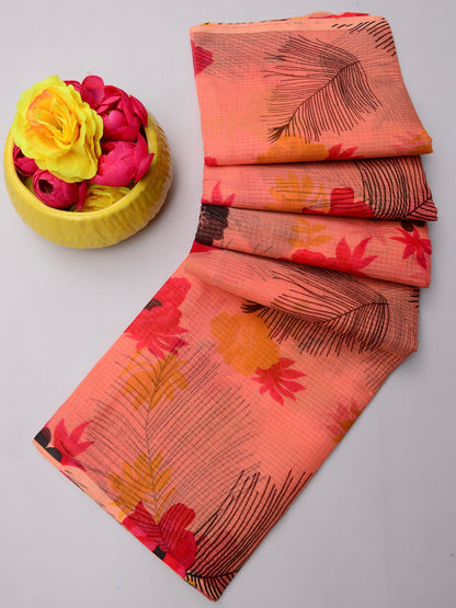 Pure Cotton Kota Doria Kalam Kari Floral Print Sarees