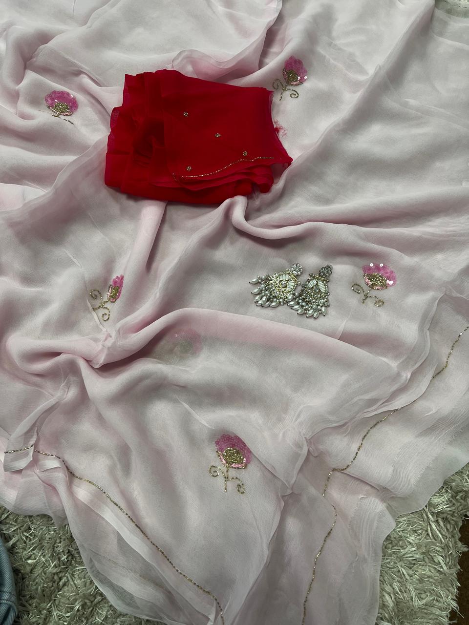 Baby pink Color Flower motif design pure jaipuri Chiffon Saree
