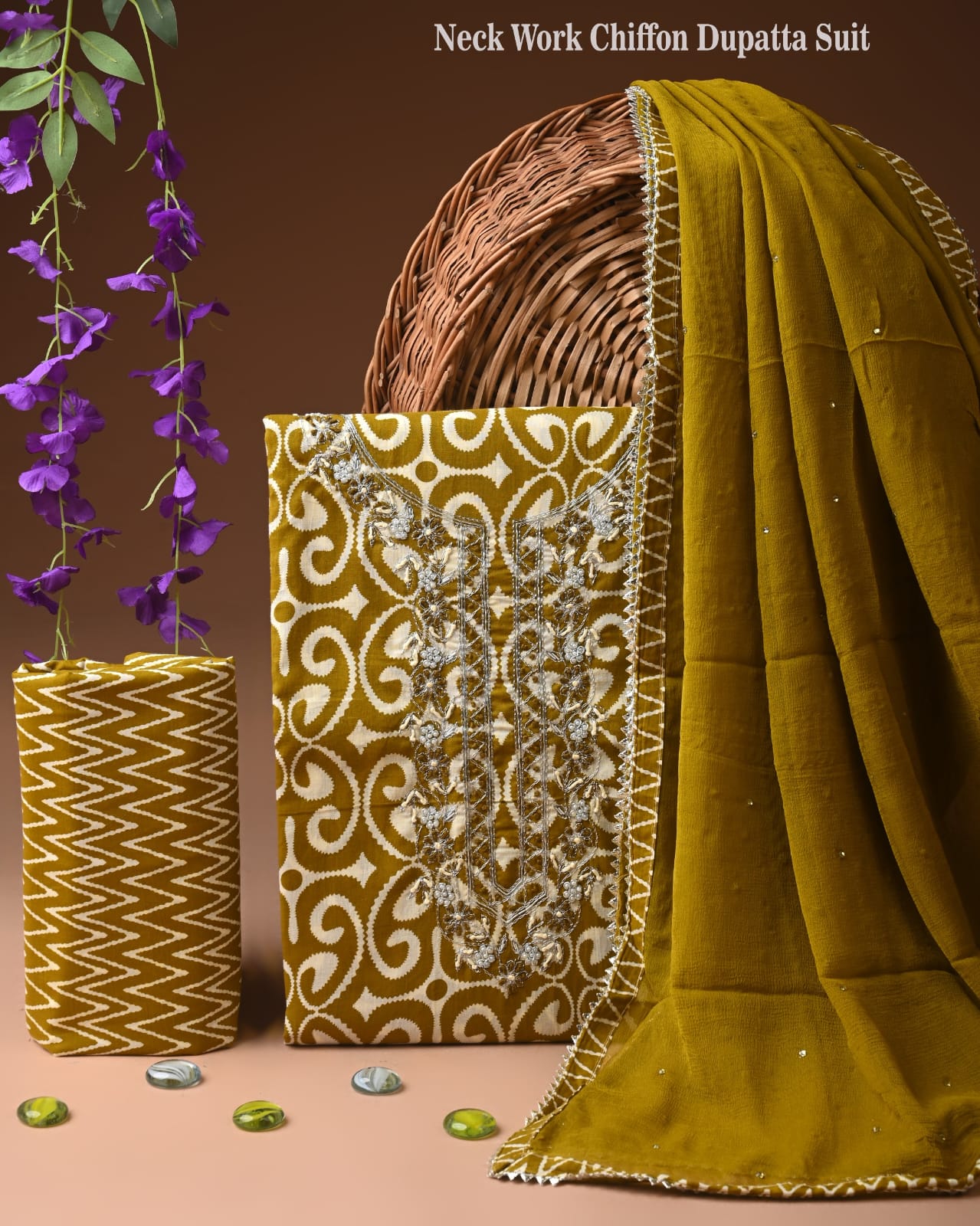 Designer gota patti hand work cotton  unstitched suit with chiffon   dupatta