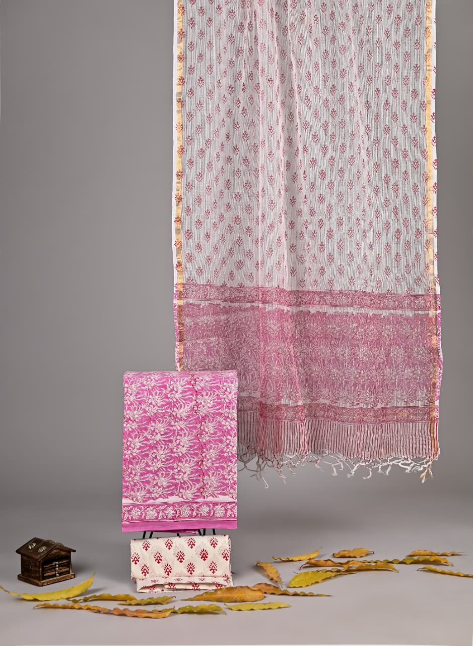Pure Cotton Hand Block Print Suit With Kota Doriya Dupatta
