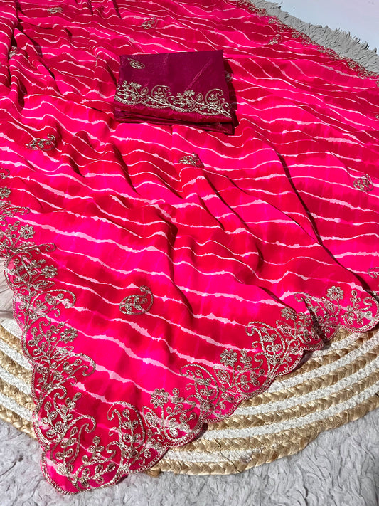 Georgette  Leheriya Gota Patti Work  Saree With Blouse