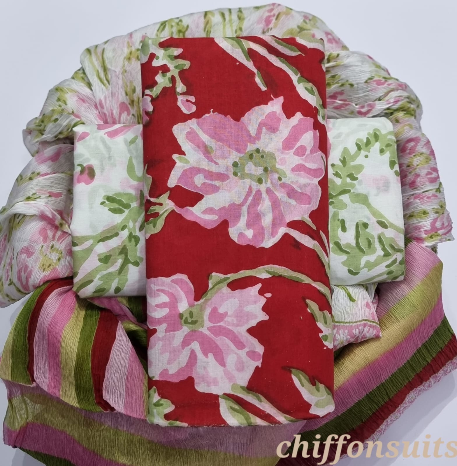 Pure cotton hand-block print suit with Chiffon dupatta