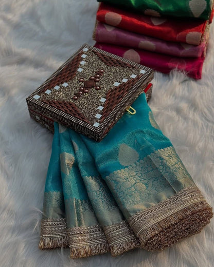 Banarasi Tissue Silk Saree with Lace Work border  Full body Zari Booti Weaving